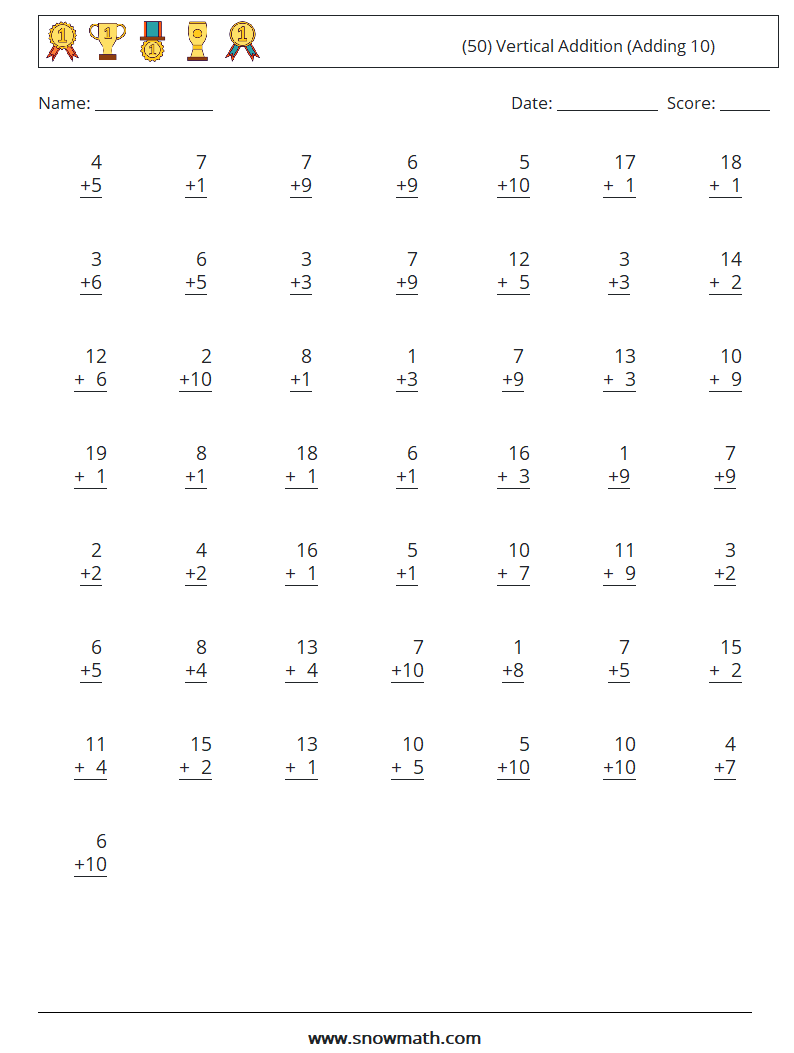 (50) Vertical  Addition (Adding 10) Maths Worksheets 18