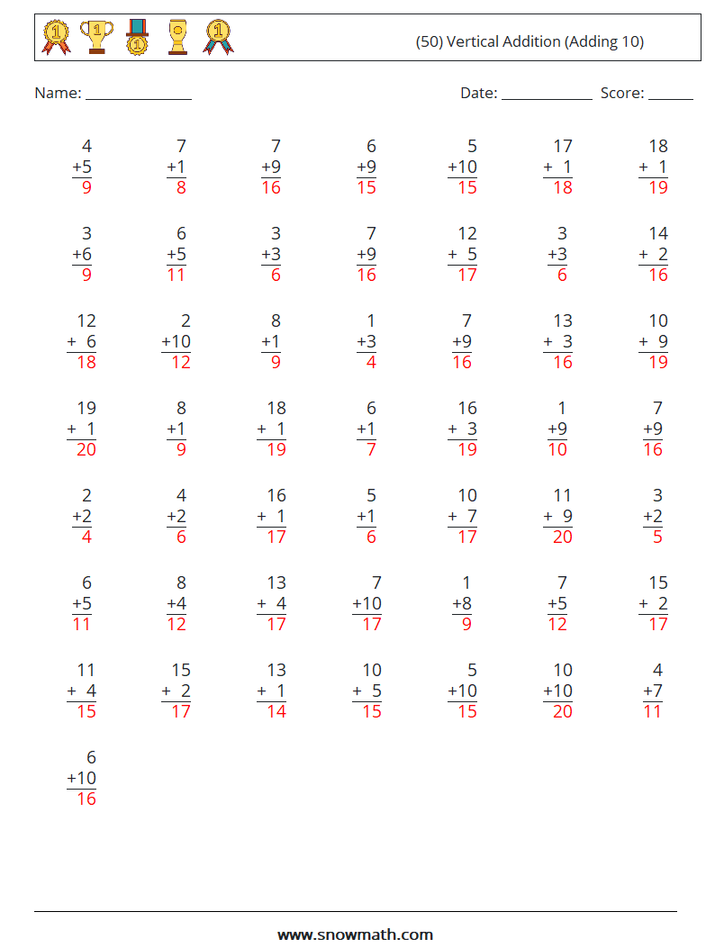 (50) Vertical  Addition (Adding 10) Maths Worksheets 18 Question, Answer