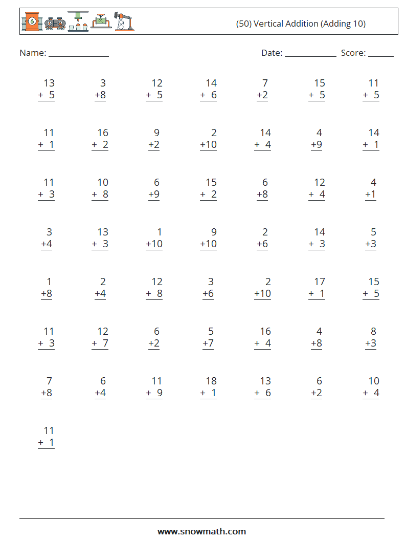 (50) Vertical  Addition (Adding 10) Maths Worksheets 4