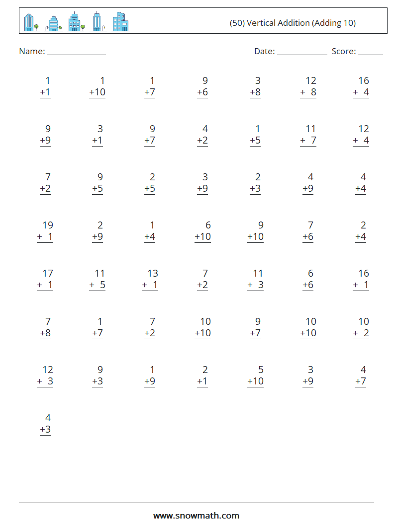 (50) Vertical  Addition (Adding 10) Maths Worksheets 9
