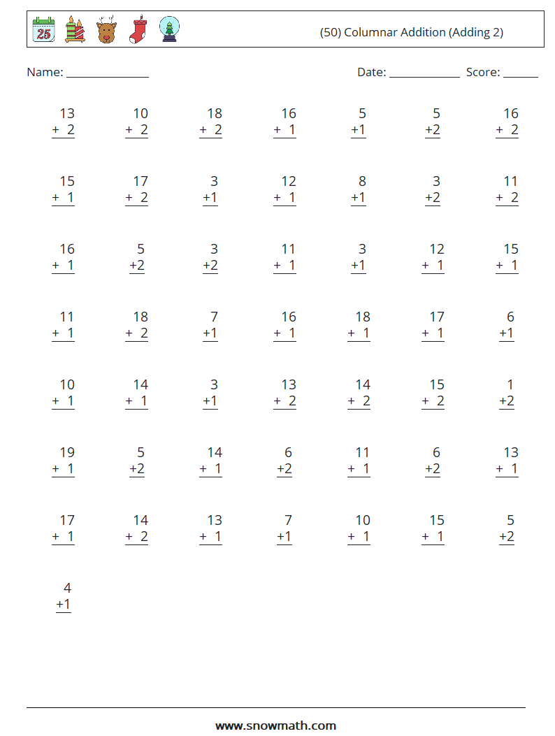 (50) Columnar Addition (Adding 2) Maths Worksheets 17