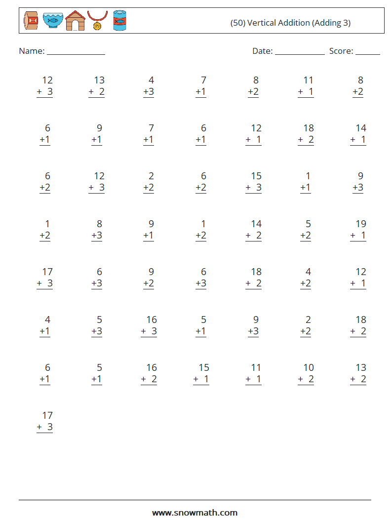 (50) Vertical  Addition (Adding 3) Maths Worksheets 1