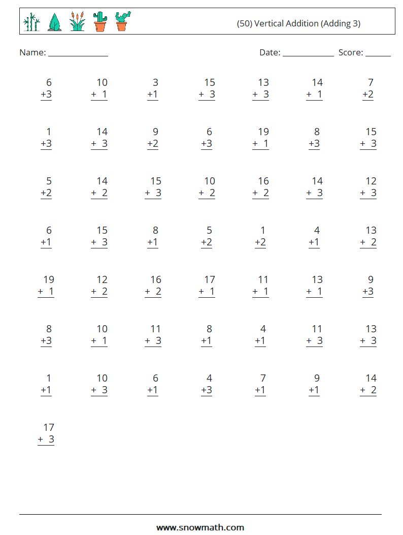 (50) Vertical  Addition (Adding 3) Maths Worksheets 10