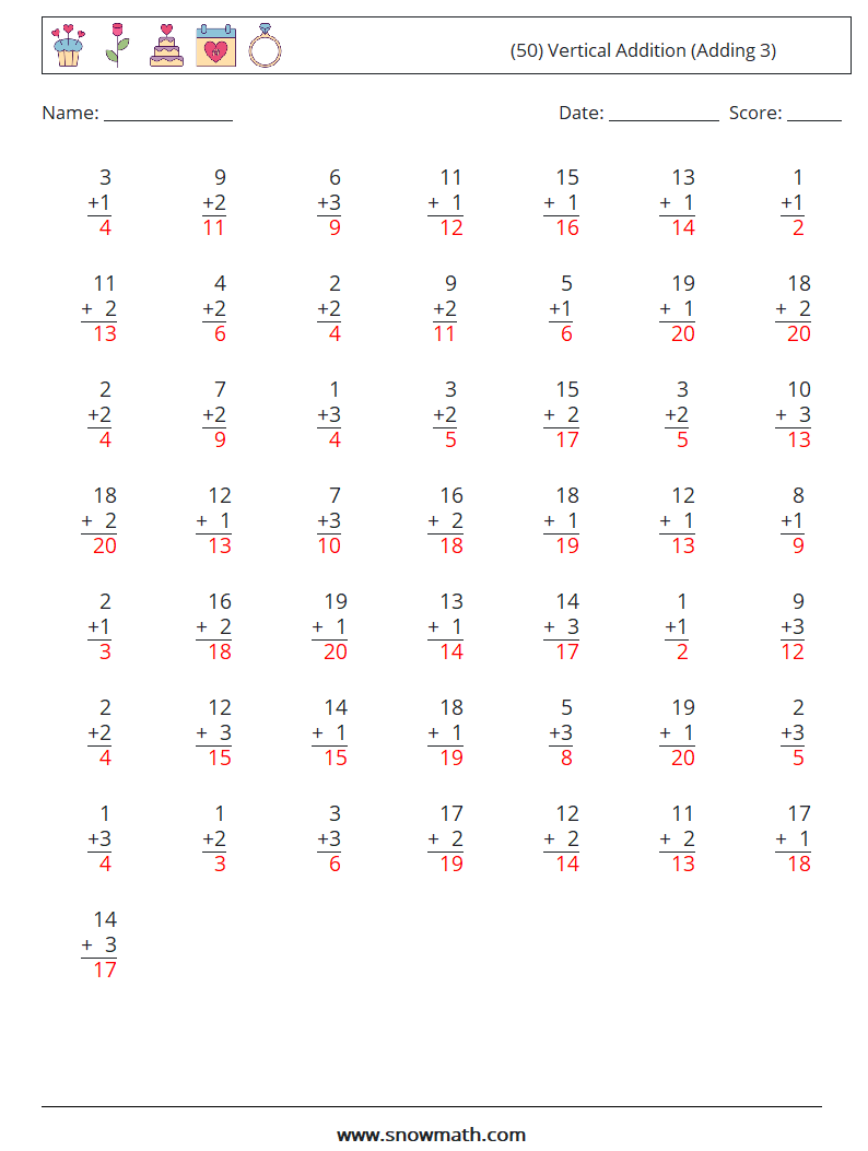 (50) Vertical  Addition (Adding 3) Maths Worksheets 11 Question, Answer