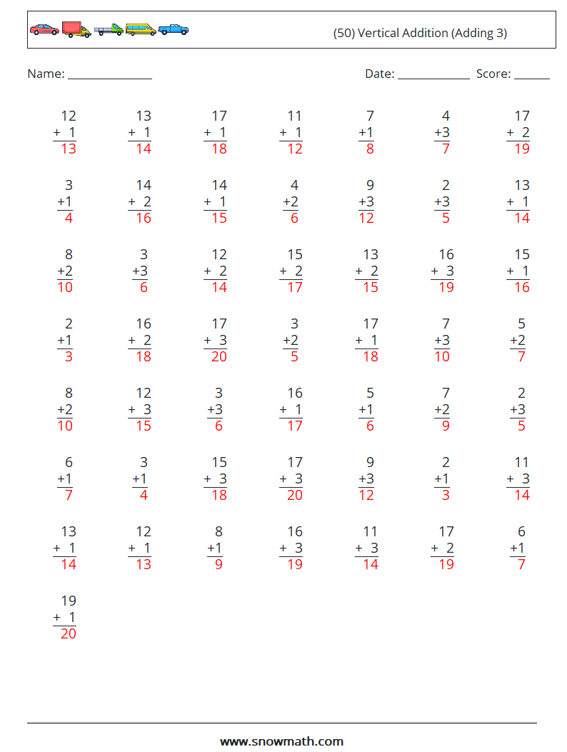 (50) Vertical  Addition (Adding 3) Maths Worksheets 14 Question, Answer