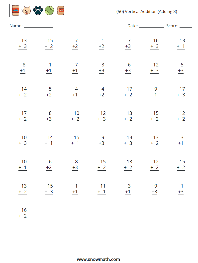 (50) Vertical  Addition (Adding 3) Maths Worksheets 15