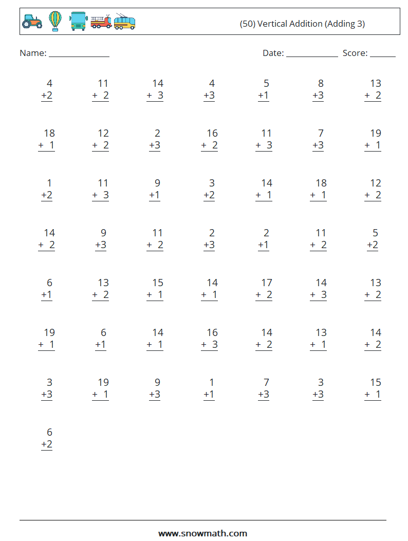 (50) Vertical  Addition (Adding 3) Maths Worksheets 17
