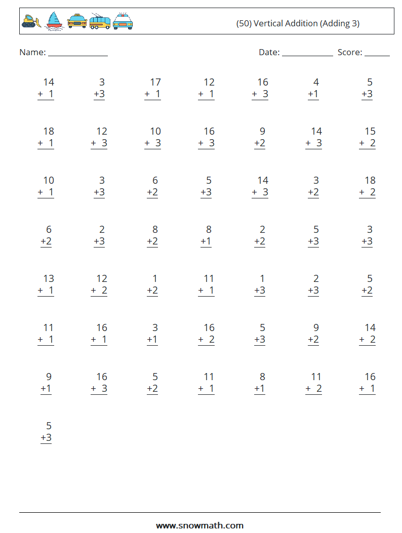 (50) Vertical  Addition (Adding 3) Maths Worksheets 3