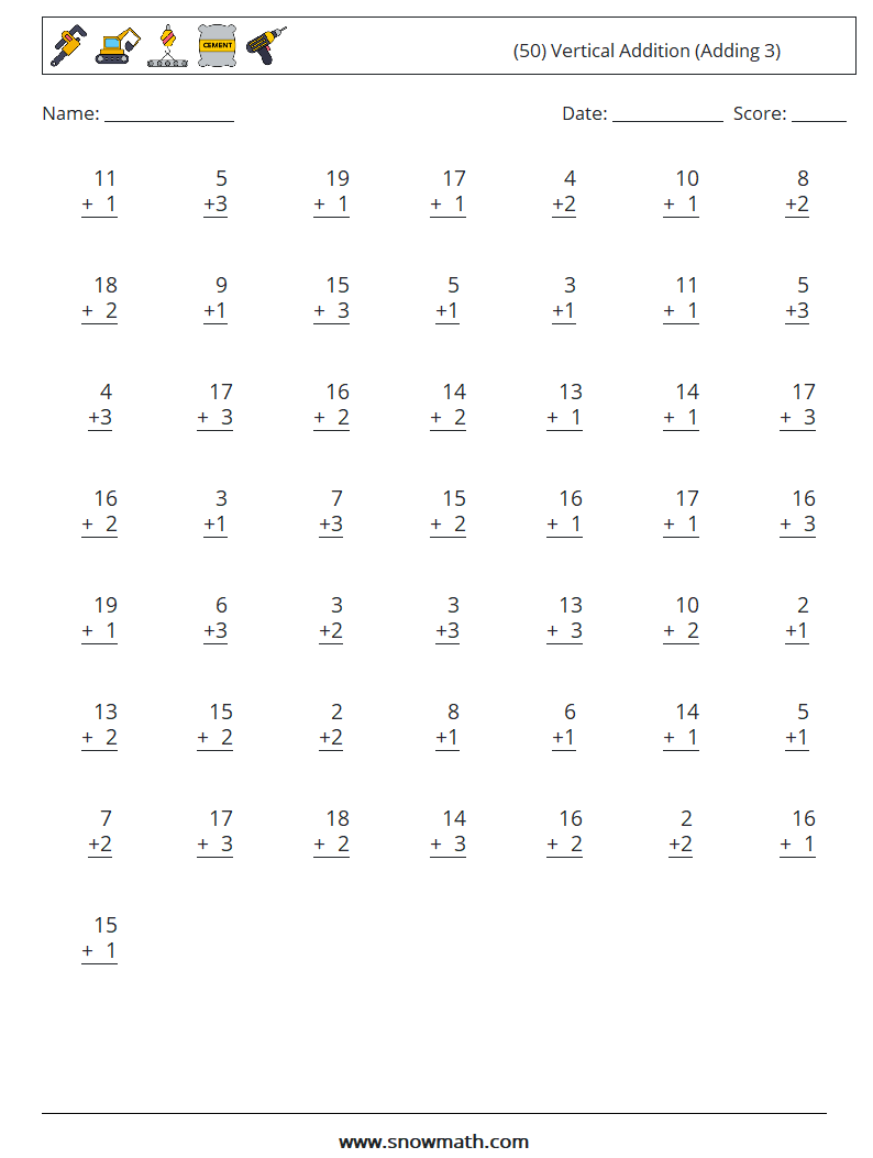 (50) Vertical  Addition (Adding 3) Maths Worksheets 5