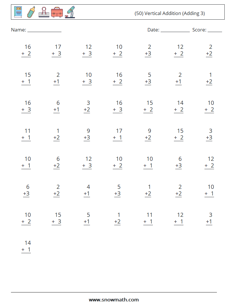 (50) Vertical  Addition (Adding 3) Maths Worksheets 8