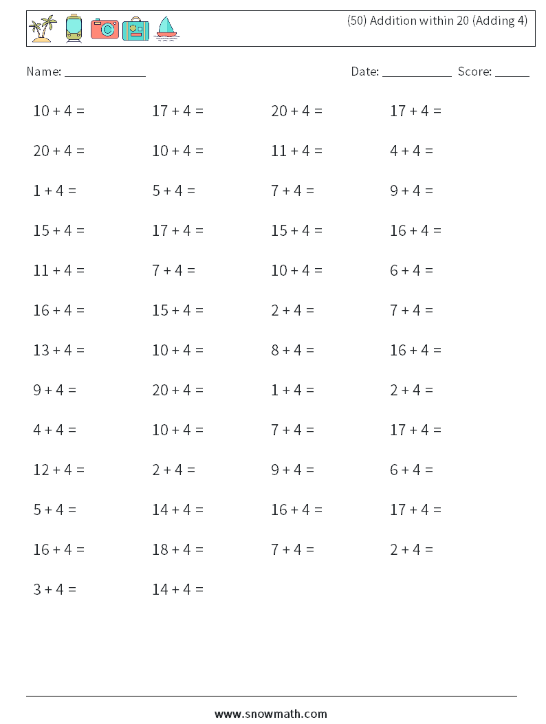 (50) Addition within 20 (Adding 4) Maths Worksheets 1