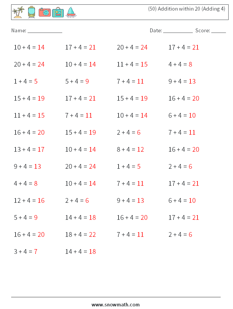 (50) Addition within 20 (Adding 4) Maths Worksheets 1 Question, Answer
