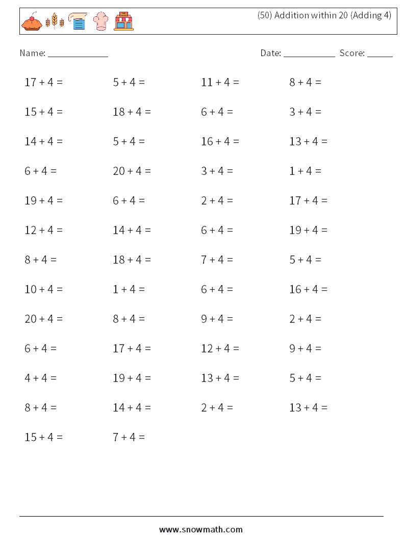 (50) Addition within 20 (Adding 4) Maths Worksheets 2