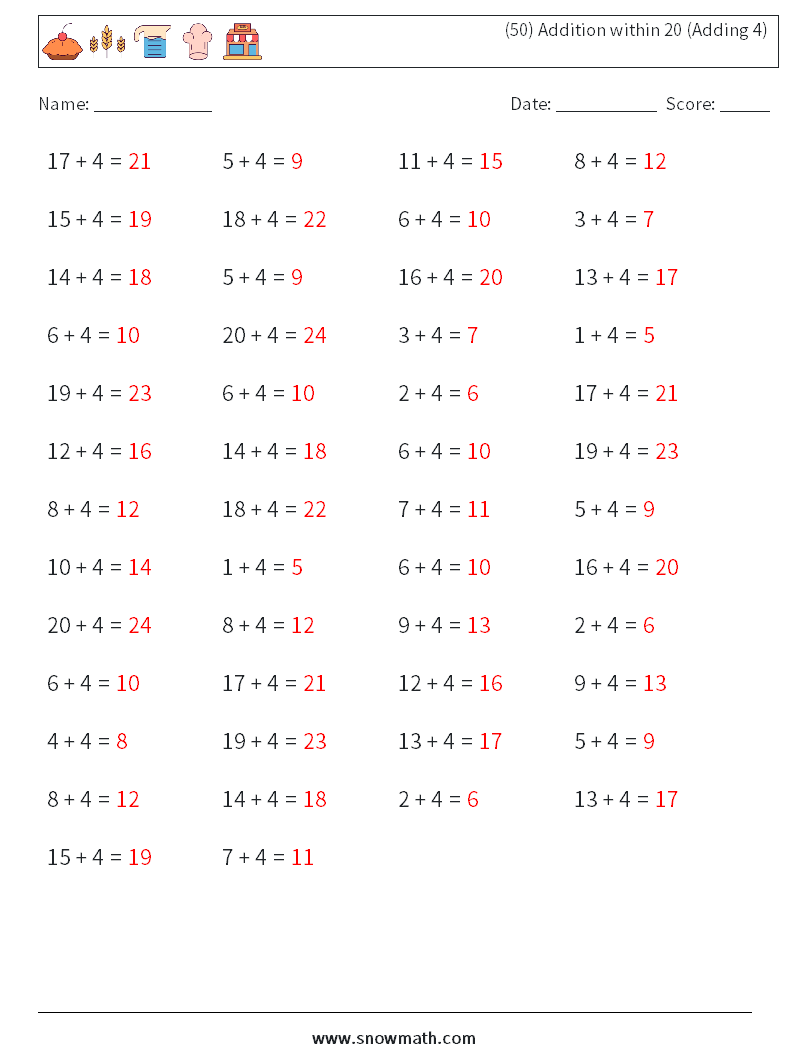 (50) Addition within 20 (Adding 4) Maths Worksheets 2 Question, Answer