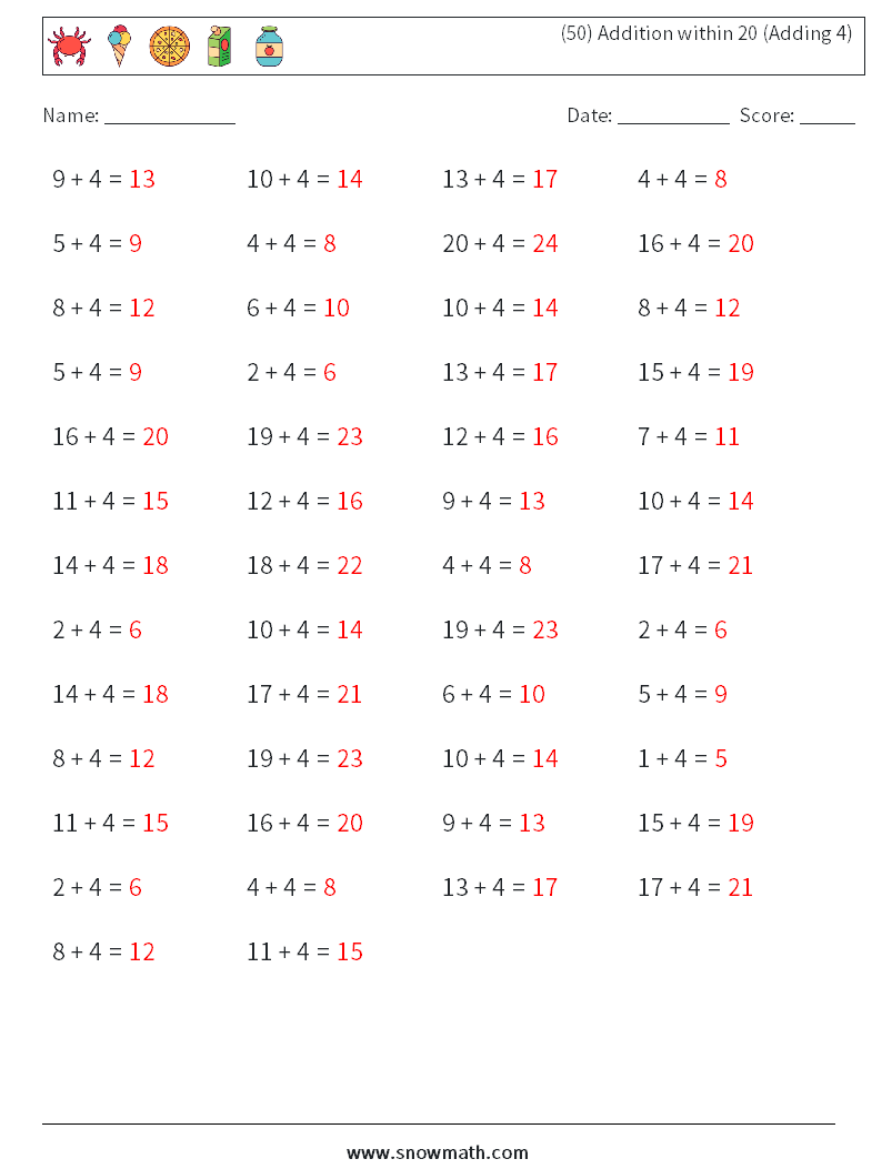 (50) Addition within 20 (Adding 4) Maths Worksheets 3 Question, Answer