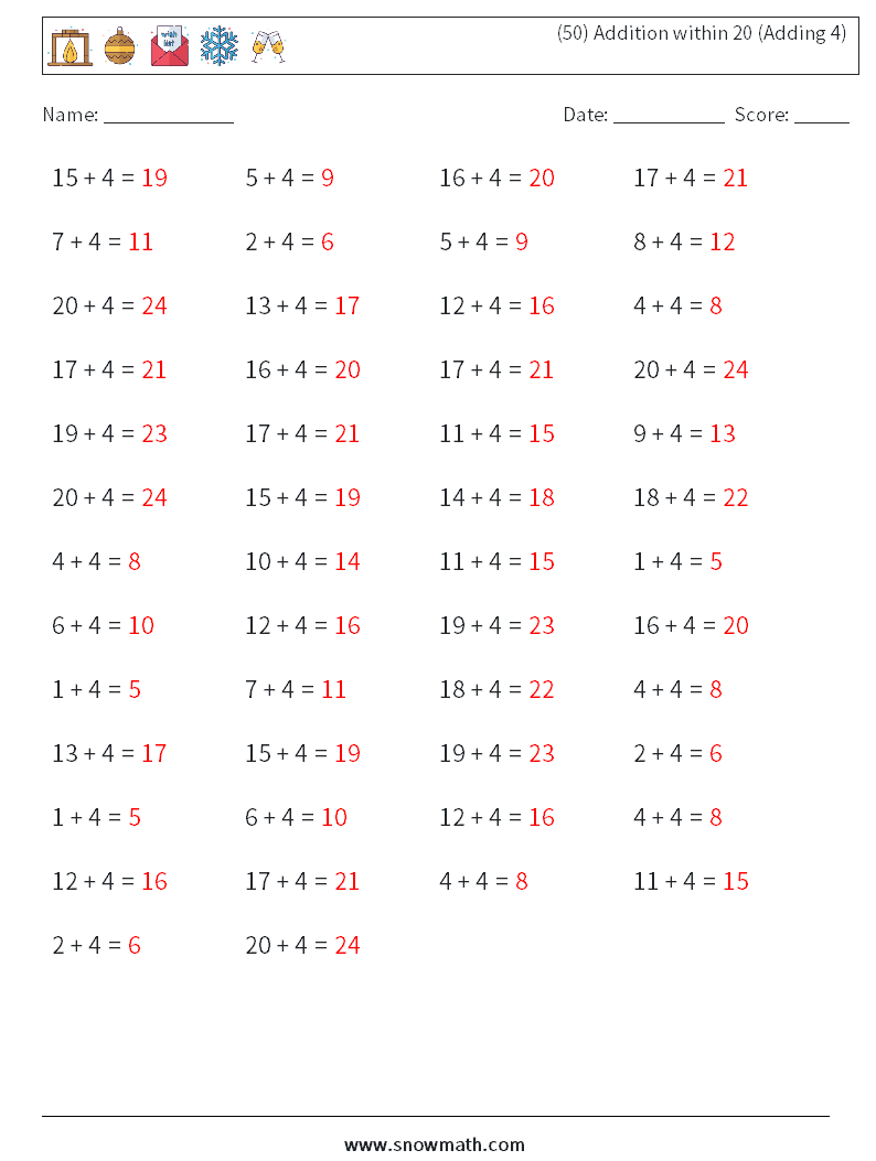 (50) Addition within 20 (Adding 4) Maths Worksheets 4 Question, Answer