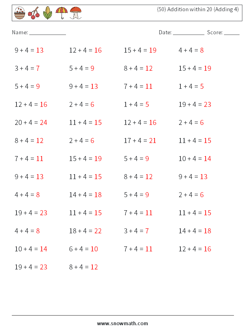 (50) Addition within 20 (Adding 4) Maths Worksheets 5 Question, Answer