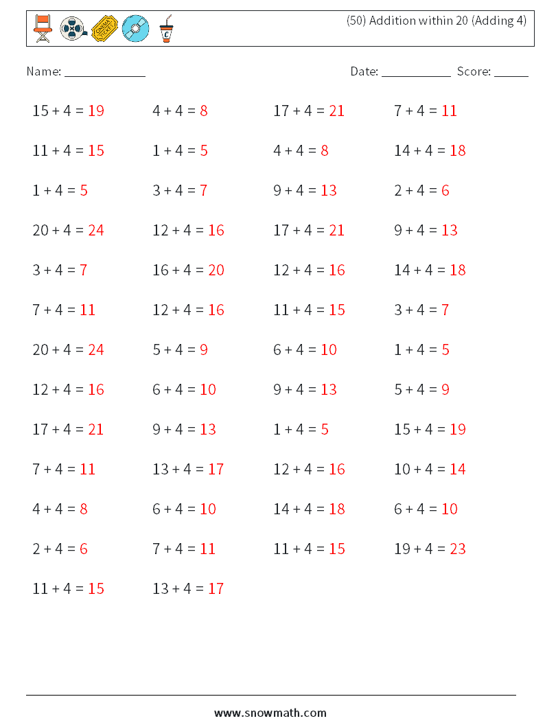 (50) Addition within 20 (Adding 4) Maths Worksheets 6 Question, Answer