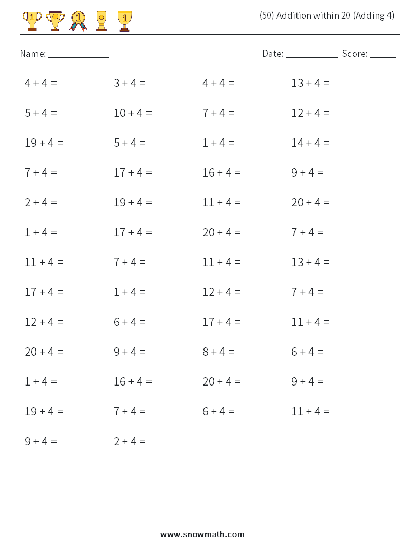 (50) Addition within 20 (Adding 4) Maths Worksheets 8