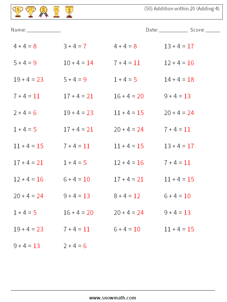 (50) Addition within 20 (Adding 4) Maths Worksheets 8 Question, Answer