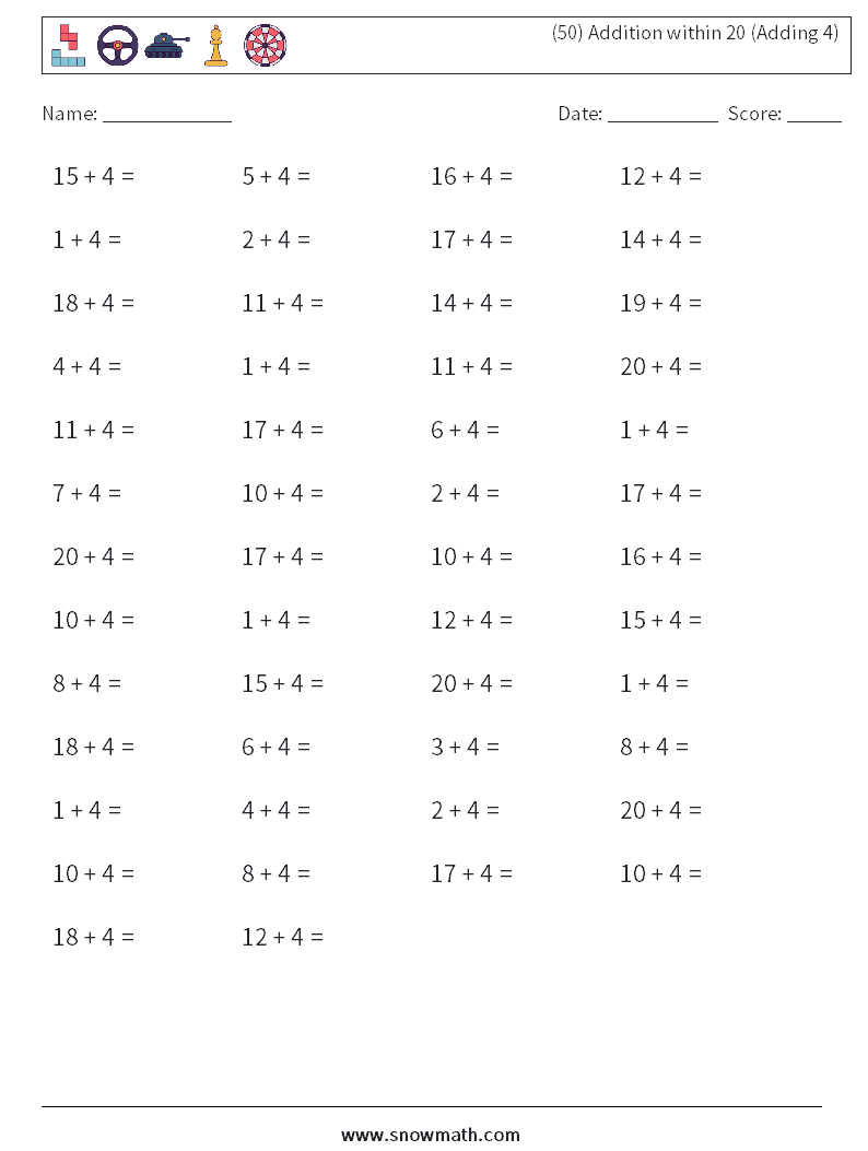 (50) Addition within 20 (Adding 4) Maths Worksheets 9