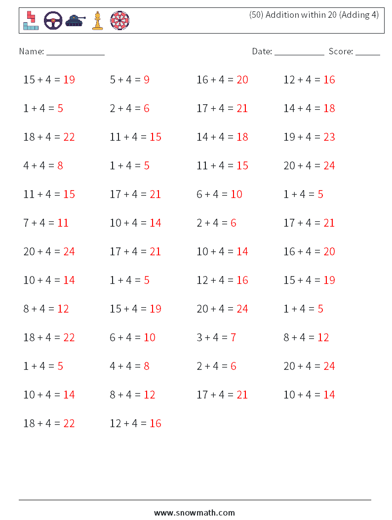(50) Addition within 20 (Adding 4) Maths Worksheets 9 Question, Answer