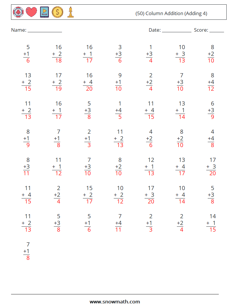 (50) Column Addition (Adding 4) Maths Worksheets 10 Question, Answer