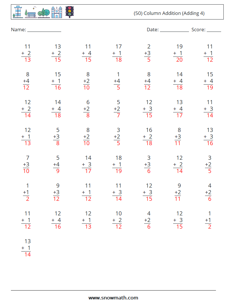 (50) Column Addition (Adding 4) Maths Worksheets 13 Question, Answer