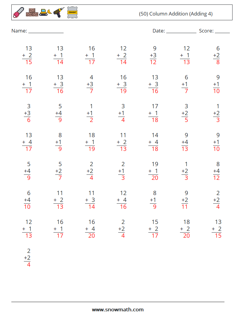 (50) Column Addition (Adding 4) Maths Worksheets 14 Question, Answer