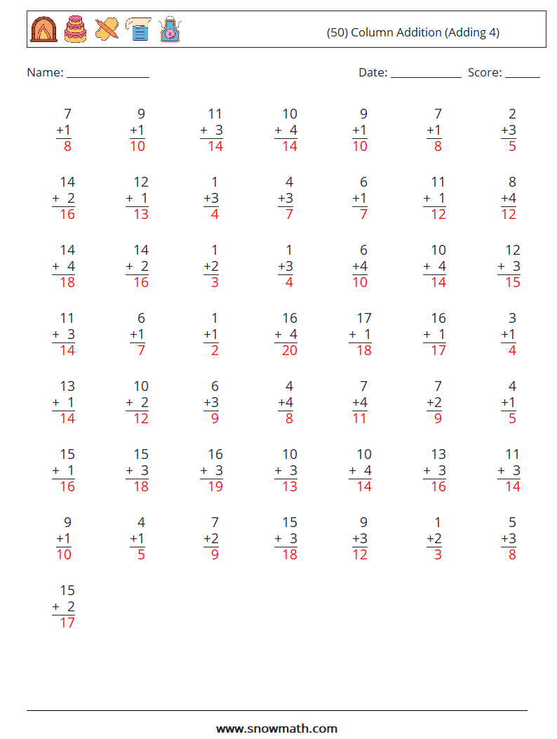 (50) Column Addition (Adding 4) Maths Worksheets 16 Question, Answer