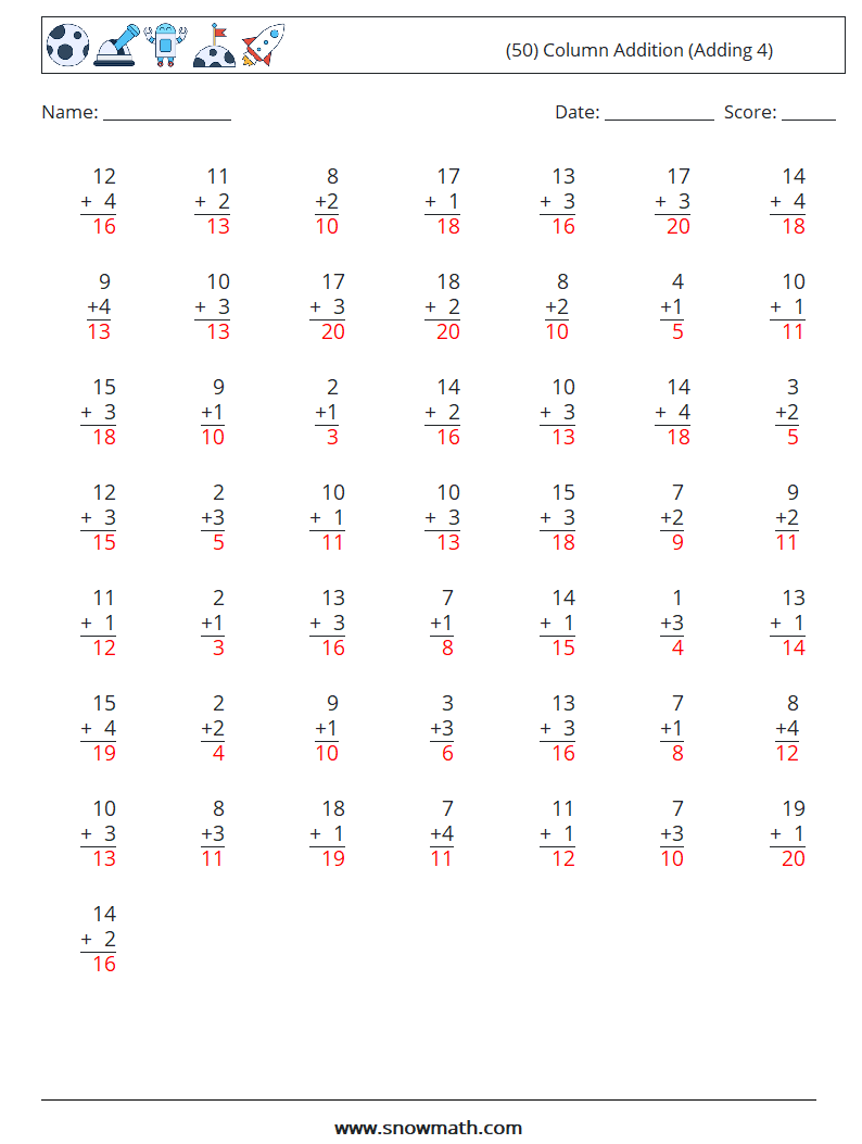 (50) Column Addition (Adding 4) Maths Worksheets 18 Question, Answer