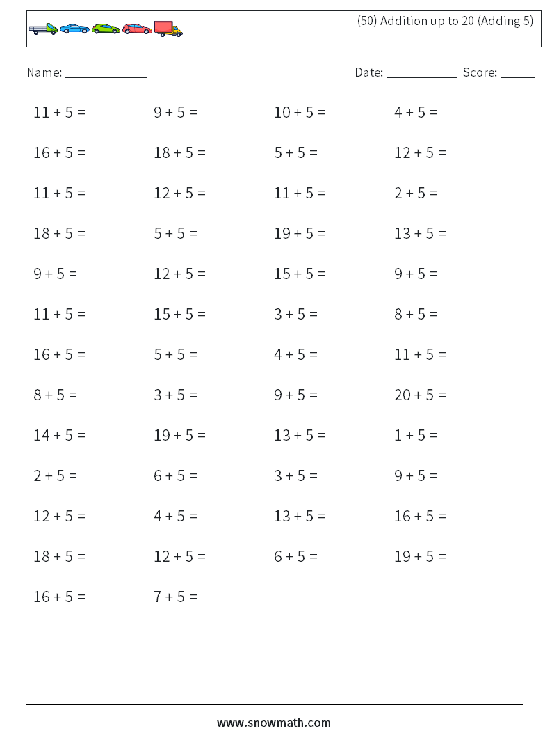 (50) Addition up to 20 (Adding 5) Maths Worksheets 1