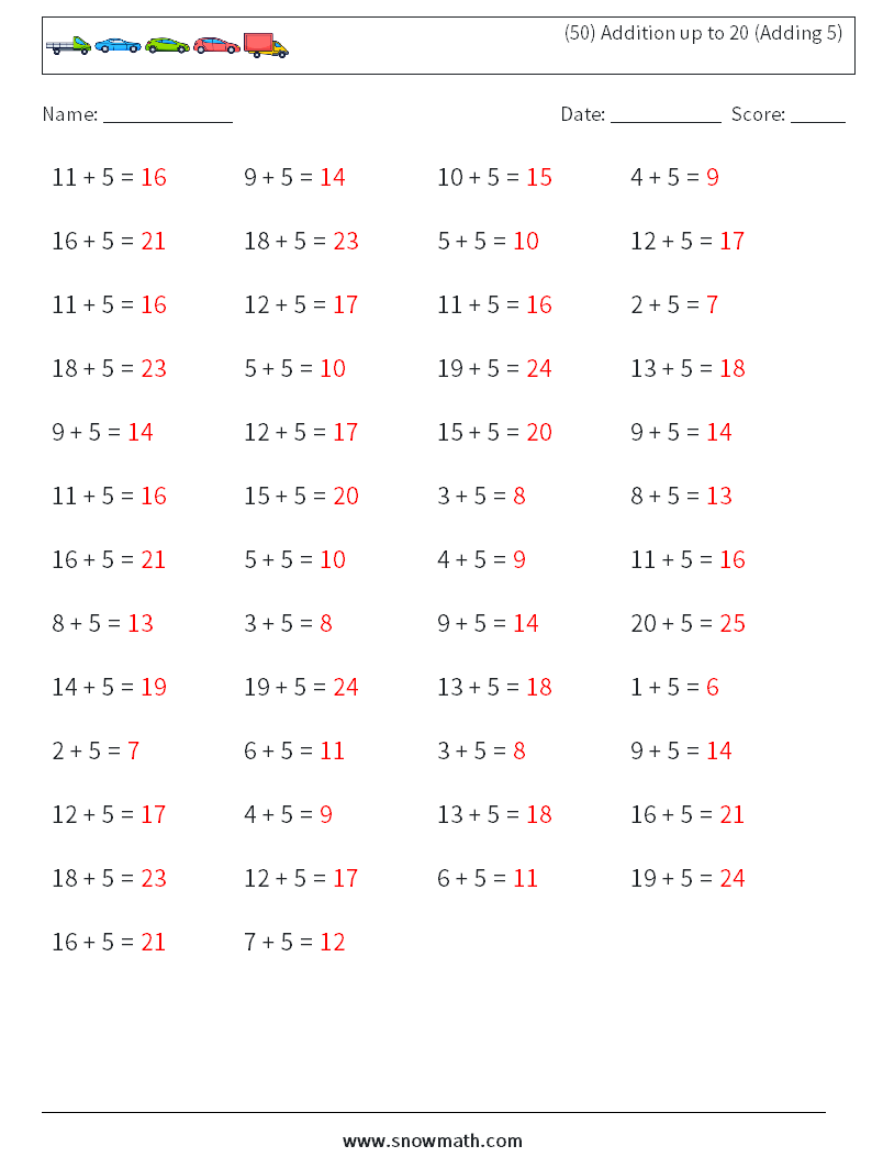 (50) Addition up to 20 (Adding 5) Maths Worksheets 1 Question, Answer