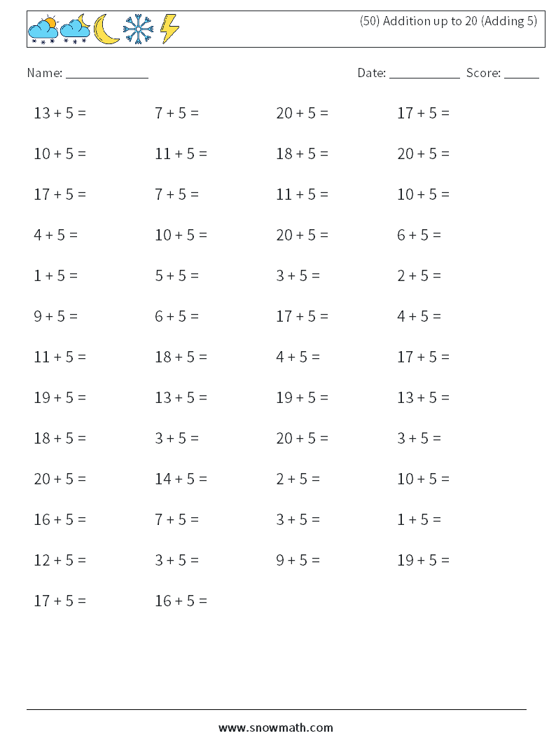 (50) Addition up to 20 (Adding 5) Maths Worksheets 2