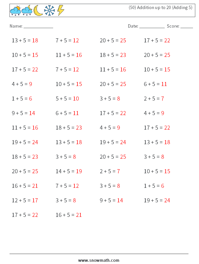 (50) Addition up to 20 (Adding 5) Maths Worksheets 2 Question, Answer