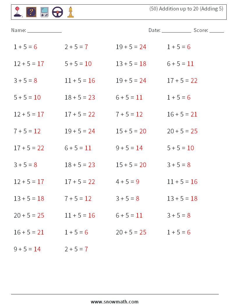 (50) Addition up to 20 (Adding 5) Maths Worksheets 3 Question, Answer