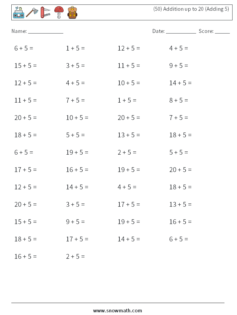 (50) Addition up to 20 (Adding 5) Maths Worksheets 4