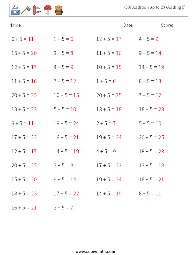 (50) Addition up to 20 (Adding 5) Maths Worksheets 4 Question, Answer