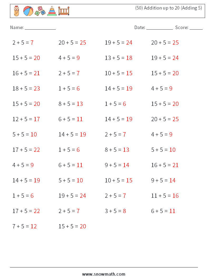 (50) Addition up to 20 (Adding 5) Maths Worksheets 5 Question, Answer