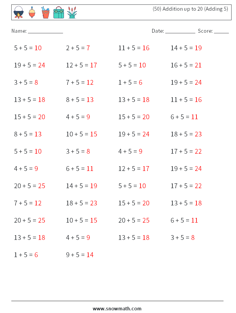 (50) Addition up to 20 (Adding 5) Maths Worksheets 6 Question, Answer
