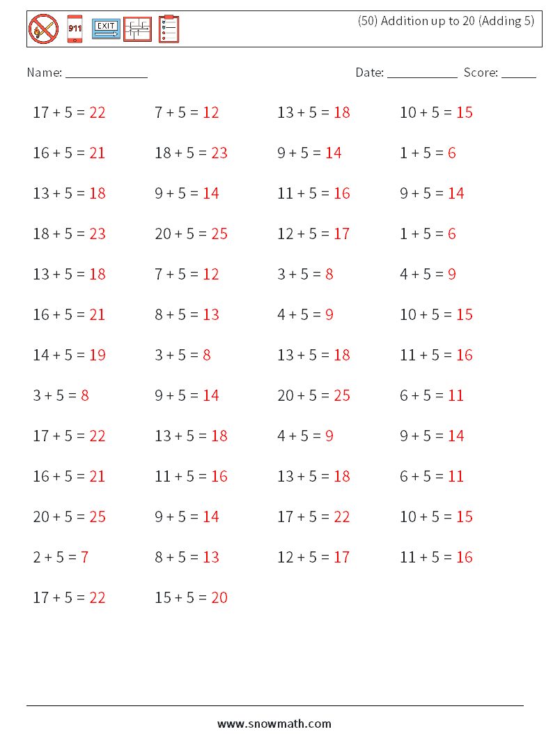 (50) Addition up to 20 (Adding 5) Maths Worksheets 7 Question, Answer