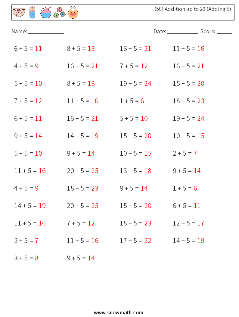 (50) Addition up to 20 (Adding 5) Maths Worksheets 8 Question, Answer