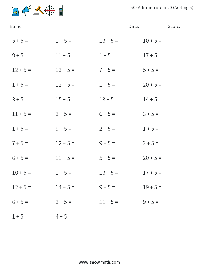 (50) Addition up to 20 (Adding 5) Maths Worksheets 9