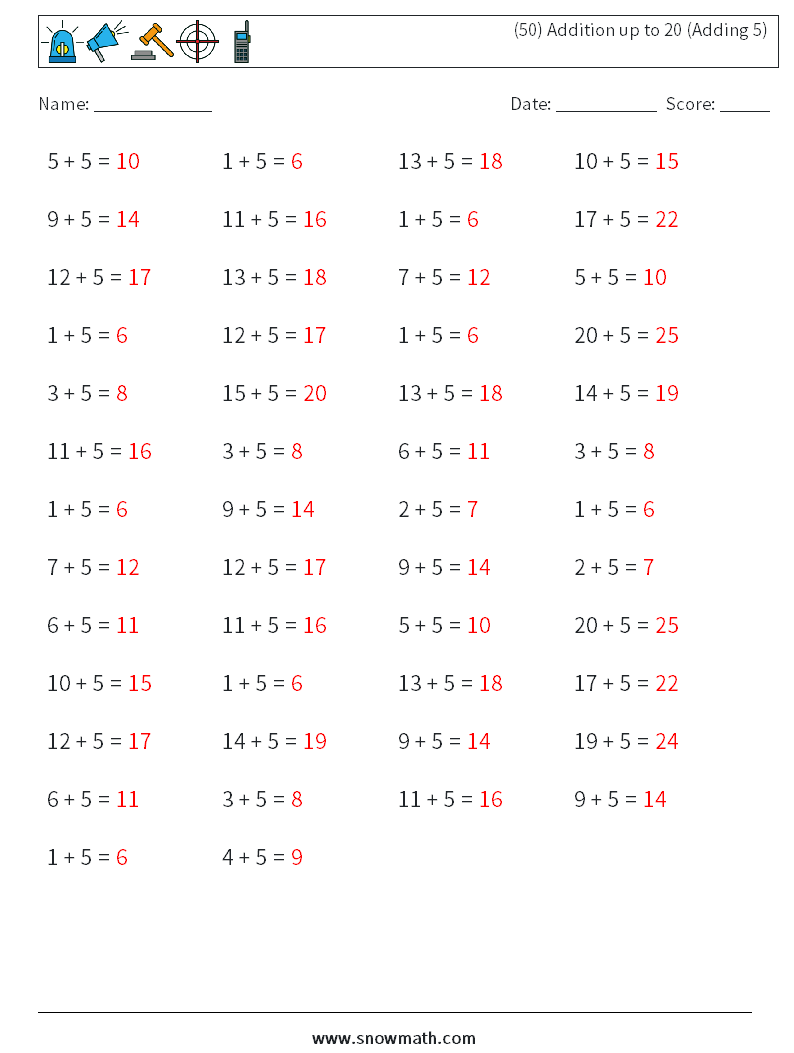 (50) Addition up to 20 (Adding 5) Maths Worksheets 9 Question, Answer