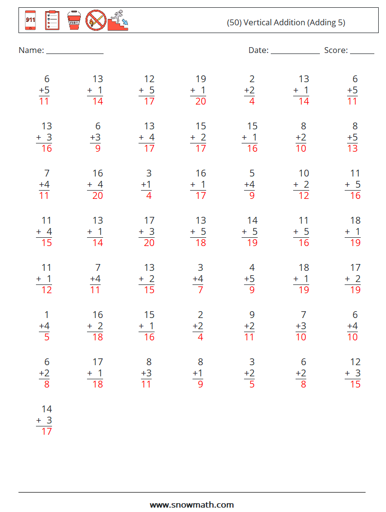 (50) Vertical  Addition (Adding 5) Maths Worksheets 15 Question, Answer