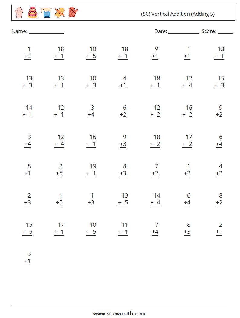 (50) Vertical  Addition (Adding 5) Maths Worksheets 18