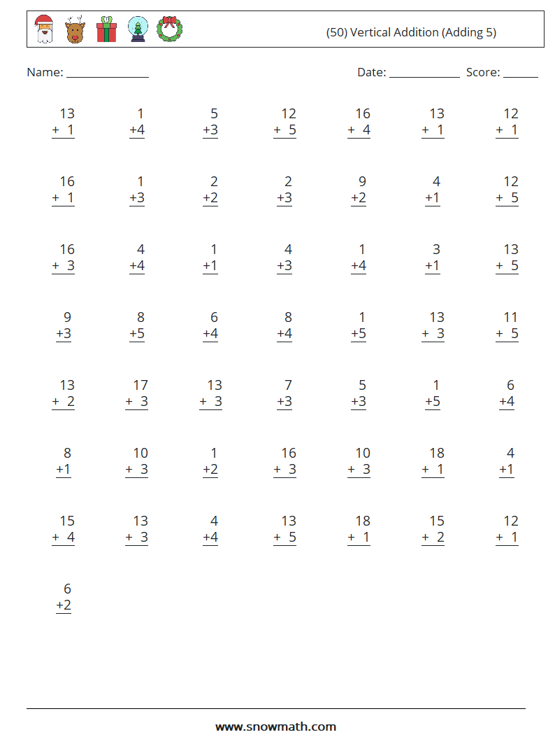 (50) Vertical  Addition (Adding 5) Maths Worksheets 7