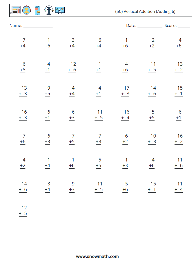 (50) Vertical  Addition (Adding 6) Maths Worksheets 1