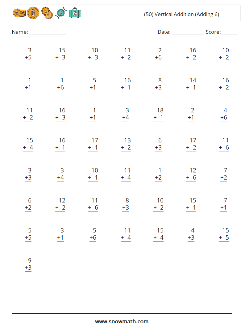 (50) Vertical  Addition (Adding 6) Maths Worksheets 10