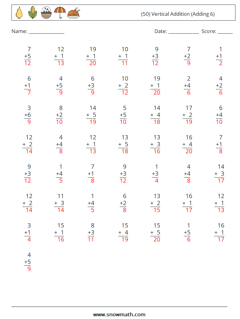 (50) Vertical  Addition (Adding 6) Maths Worksheets 11 Question, Answer